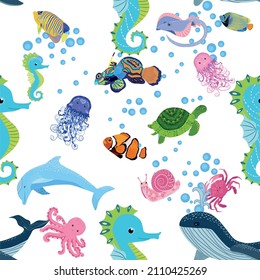 Marine life, fish, animals bright seamless pattern. sea travel, underwater diving animal tropical fish. Jellyfish, whale, shark, seahorse, clown fish, dolphin, turtle emperor fish octopus stingray