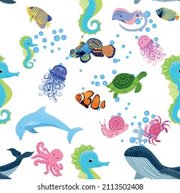 Marine life, fish, animals bright seamless pattern. sea travel, underwater diving animal tropical fish. Jellyfish, whale, shark, seahorse, clown fish, dolphin, turtle emperor fish octopus stingray