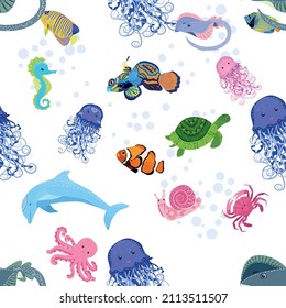 Marine life, fish, animals bright seamless pattern. sea travel, underwater diving animal tropical fish. Jellyfish, whale, shark, seahorse, clown fish, dolphin, turtle emperor fish octopus stingray