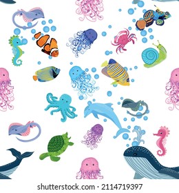 Marine life, fish, animals bright seamless pattern. sea travel, underwater diving animal tropical fish. Jellyfish, whale, shark, seahorse, clown fish, dolphin, turtle emperor fish octopus stingray