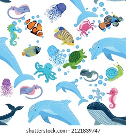 Marine life, fish, animals bright seamless pattern. sea travel, underwater diving animal tropical fish. Jellyfish, whale, shark, seahorse, clown fish, dolphin, turtle emperor fish octopus stingray