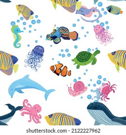 Marine life, fish, animals bright seamless pattern. sea travel, underwater diving animal tropical fish. Jellyfish, whale, shark, seahorse, clown fish, dolphin, turtle emperor fish octopus stingray