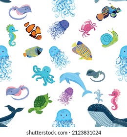 Marine life, fish, animals bright seamless pattern. sea travel, underwater diving animal tropical fish. Jellyfish, whale, shark, seahorse, clown fish, dolphin, turtle emperor fish octopus stingray