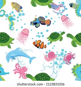 Marine life, fish, animals bright seamless pattern. sea travel, underwater diving animal tropical fish. Jellyfish, whale, shark, seahorse, clown fish, dolphin, turtle emperor fish octopus stingray