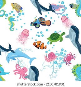 Marine life, fish, animals bright seamless pattern. sea travel, underwater diving animal tropical fish. Jellyfish, whale, shark, seahorse, clown fish, dolphin, turtle emperor fish octopus stingray