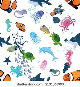 Marine life, fish, animals bright seamless pattern. sea travel, underwater diving animal tropical fish. Jellyfish, whale, shark, seahorse, clown fish, dolphin, turtle emperor fish octopus stingray