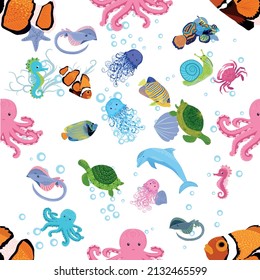 Marine life, fish, animals bright seamless pattern. sea travel, underwater diving animal tropical fish. Jellyfish, whale, shark, seahorse, clown fish, dolphin, turtle emperor fish octopus stingray