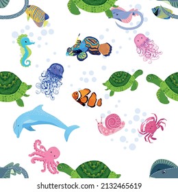 Marine life, fish, animals bright seamless pattern. sea travel, underwater diving animal tropical fish. Jellyfish, whale, shark, seahorse, clown fish, dolphin, turtle emperor fish octopus stingray