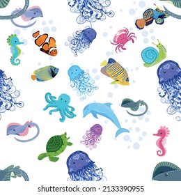 Marine life, fish, animals bright seamless pattern. sea travel, underwater diving animal tropical fish. Jellyfish, whale, shark, seahorse, clown fish, dolphin, turtle emperor fish octopus stingray