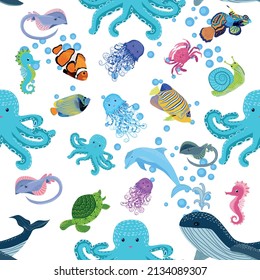 Marine life, fish, animals bright seamless pattern. sea travel, underwater diving animal tropical fish. Jellyfish, whale, shark, seahorse, clown fish, dolphin, turtle emperor fish octopus stingray