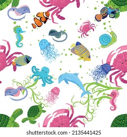 Marine life, fish, animals bright seamless pattern. sea travel, underwater diving animal tropical fish. Jellyfish, whale, shark, seahorse, clown fish, dolphin, turtle emperor fish octopus stingray