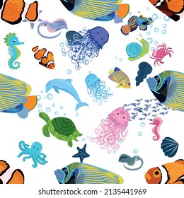 Marine life, fish, animals bright seamless pattern. sea travel, underwater diving animal tropical fish. Jellyfish, whale, shark, seahorse, clown fish, dolphin, turtle emperor fish octopus stingray