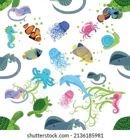 Marine life, fish, animals bright seamless pattern. sea travel, underwater diving animal tropical fish. Jellyfish, whale, shark, seahorse, clown fish, dolphin, turtle emperor fish octopus stingray