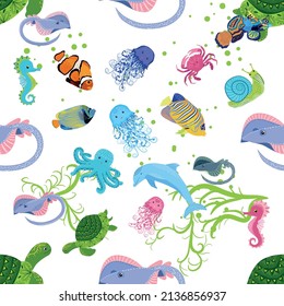 Marine life, fish, animals bright seamless pattern. sea travel, underwater diving animal tropical fish. Jellyfish, whale, shark, seahorse, clown fish, dolphin, turtle emperor fish octopus stingray