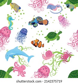 Marine life, fish, animals bright seamless pattern. sea travel, underwater diving animal tropical fish. Jellyfish, whale, shark, seahorse, clown fish, dolphin, turtle emperor fish octopus stingray