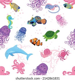 Marine life, fish, animals bright seamless pattern. sea travel, underwater diving animal tropical fish. Jellyfish, whale, shark, seahorse, clown fish, dolphin, turtle emperor fish octopus stingray