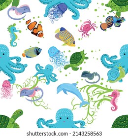 Marine life, fish, animals bright seamless pattern. sea travel, underwater diving animal tropical fish. Jellyfish, whale, shark, seahorse, clown fish, dolphin, turtle emperor fish octopus stingray