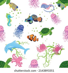Marine life, fish, animals bright seamless pattern. sea travel, underwater diving animal tropical fish. Jellyfish, whale, shark, seahorse, clown fish, dolphin, turtle emperor fish octopus stingray