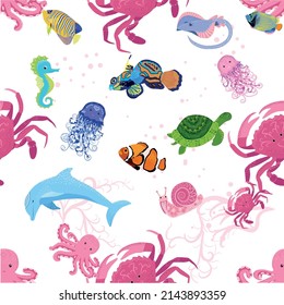 Marine life, fish, animals bright seamless pattern. sea travel, underwater diving animal tropical fish. Jellyfish, whale, shark, seahorse, clown fish, dolphin, turtle emperor fish octopus stingray