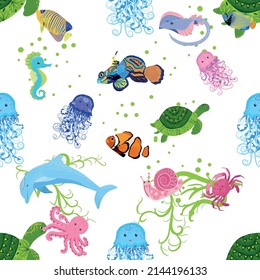 Marine life, fish, animals bright seamless pattern. sea travel, underwater diving animal tropical fish. Jellyfish, whale, shark, seahorse, clown fish, dolphin, turtle emperor fish octopus stingray