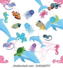 Marine life, fish, animals bright seamless pattern. sea travel, underwater diving animal tropical fish. Jellyfish, whale, shark, seahorse, clown fish, dolphin, turtle emperor fish octopus stingray