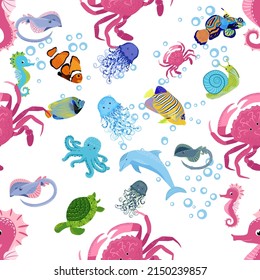 Marine life, fish, animals bright seamless pattern. sea travel, underwater diving animal tropical fish. Jellyfish, whale, shark, seahorse, clown fish, dolphin, turtle emperor fish octopus stingray