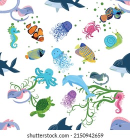 Marine life, fish, animals bright seamless pattern. sea travel, underwater diving animal tropical fish. Jellyfish, whale, shark, seahorse, clown fish, dolphin, turtle emperor fish octopus stingray