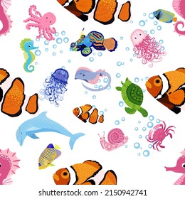 Marine life, fish, animals bright seamless pattern. sea travel, underwater diving animal tropical fish. Jellyfish, whale, shark, seahorse, clown fish, dolphin, turtle emperor fish octopus stingray