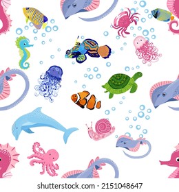Marine life, fish, animals bright seamless pattern. sea travel, underwater diving animal tropical fish. Jellyfish, whale, shark, seahorse, clown fish, dolphin, turtle emperor fish octopus stingray