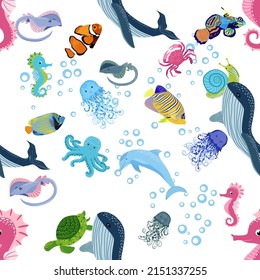Marine life, fish, animals bright seamless pattern. sea travel, underwater diving animal tropical fish. Jellyfish, whale, shark, seahorse, clown fish, dolphin, turtle emperor fish octopus stingray