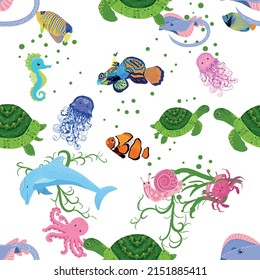 Marine life, fish, animals bright seamless pattern. sea travel, underwater diving animal tropical fish. Jellyfish, whale, shark, seahorse, clown fish, dolphin, turtle emperor fish octopus stingray