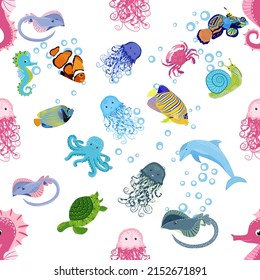 Marine life, fish, animals bright seamless pattern. sea travel, underwater diving animal tropical fish. Jellyfish, whale, shark, seahorse, clown fish, dolphin, turtle emperor fish octopus stingray