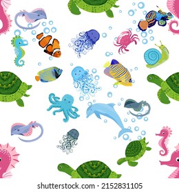 Marine life, fish, animals bright seamless pattern. sea travel, underwater diving animal tropical fish. Jellyfish, whale, shark, seahorse, clown fish, dolphin, turtle emperor fish octopus stingray