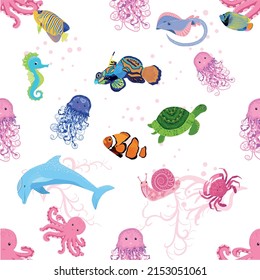 Marine life, fish, animals bright seamless pattern. sea travel, underwater diving animal tropical fish. Jellyfish, whale, shark, seahorse, clown fish, dolphin, turtle emperor fish octopus stingray