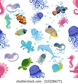 Marine life, fish, animals bright seamless pattern. sea travel, underwater diving animal tropical fish. Jellyfish, whale, shark, seahorse, clown fish, dolphin, turtle emperor fish octopus stingray