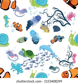 Marine life, fish, animals bright seamless pattern. sea travel, underwater diving animal tropical fish. Jellyfish, whale, shark, seahorse, clown fish, dolphin, turtle emperor fish octopus stingray