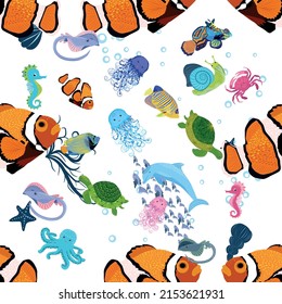 Marine life, fish, animals bright seamless pattern. sea travel, underwater diving animal tropical fish. Jellyfish, whale, shark, seahorse, clown fish, dolphin, turtle emperor fish octopus stingray