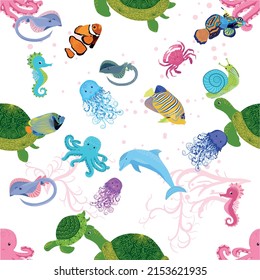 Marine life, fish, animals bright seamless pattern. sea travel, underwater diving animal tropical fish. Jellyfish, whale, shark, seahorse, clown fish, dolphin, turtle emperor fish octopus stingray