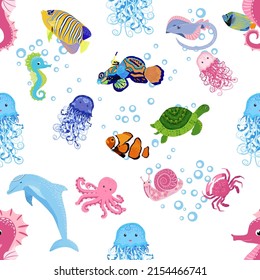 Marine life, fish, animals bright seamless pattern. sea travel, underwater diving animal tropical fish. Jellyfish, whale, shark, seahorse, clown fish, dolphin, turtle emperor fish octopus stingray