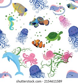 Marine life, fish, animals bright seamless pattern. sea travel, underwater diving animal tropical fish. Jellyfish, whale, shark, seahorse, clown fish, dolphin, turtle emperor fish octopus stingray