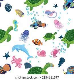 Marine life, fish, animals bright seamless pattern. sea travel, underwater diving animal tropical fish. Jellyfish, whale, shark, seahorse, clown fish, dolphin, turtle emperor fish octopus stingray