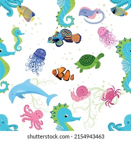 Marine life, fish, animals bright seamless pattern. sea travel, underwater diving animal tropical fish. Jellyfish, whale, shark, seahorse, clown fish, dolphin, turtle emperor fish octopus stingray