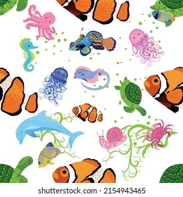 Marine life, fish, animals bright seamless pattern. sea travel, underwater diving animal tropical fish. Jellyfish, whale, shark, seahorse, clown fish, dolphin, turtle emperor fish octopus stingray