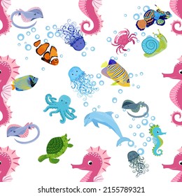 Marine life, fish, animals bright seamless pattern. sea travel, underwater diving animal tropical fish. Jellyfish, whale, shark, seahorse, clown fish, dolphin, turtle emperor fish octopus stingray
