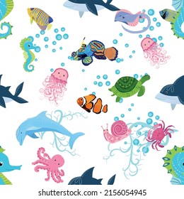 Marine life, fish, animals bright seamless pattern. sea travel, underwater diving animal tropical fish. Jellyfish, whale, shark, seahorse, clown fish, dolphin, turtle emperor fish octopus stingray