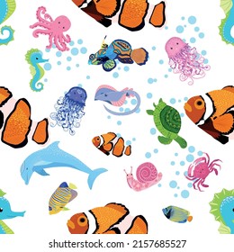 Marine life, fish, animals bright seamless pattern. sea travel, underwater diving animal tropical fish. Jellyfish, whale, shark, seahorse, clown fish, dolphin, turtle emperor fish octopus stingray