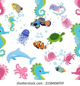 Marine life, fish, animals bright seamless pattern. sea travel, underwater diving animal tropical fish. Jellyfish, whale, shark, seahorse, clown fish, dolphin, turtle emperor fish octopus stingray