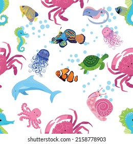 Marine life, fish, animals bright seamless pattern. sea travel, underwater diving animal tropical fish. Jellyfish, whale, shark, seahorse, clown fish, dolphin, turtle emperor fish octopus stingray