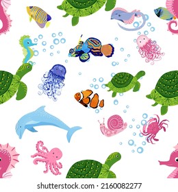 Marine life, fish, animals bright seamless pattern. sea travel, underwater diving animal tropical fish. Jellyfish, whale, shark, seahorse, clown fish, dolphin, turtle emperor fish octopus stingray