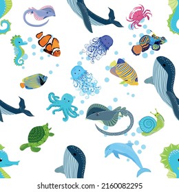 Marine life, fish, animals bright seamless pattern. sea travel, underwater diving animal tropical fish. Jellyfish, whale, shark, seahorse, clown fish, dolphin, turtle emperor fish octopus stingray